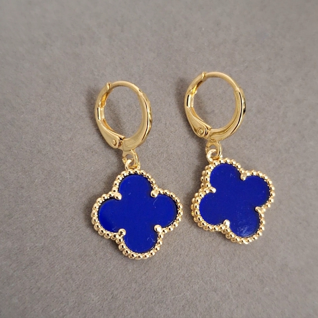 Agate Blue Enamel Clover Dangle Earrings